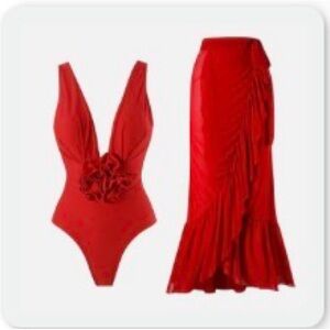 Red Floral Accent Plunge One-Piece Swimsuit & Matching Maxi Skirt Set